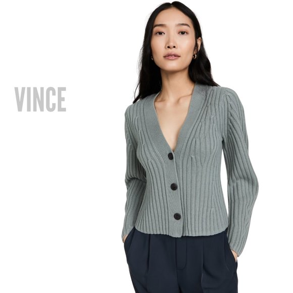 🤍 VINCE XS Poet Ribbed Cardigan Cashmere/Merino Wool  in Mineral Sea NEW - Picture 3 of 9
